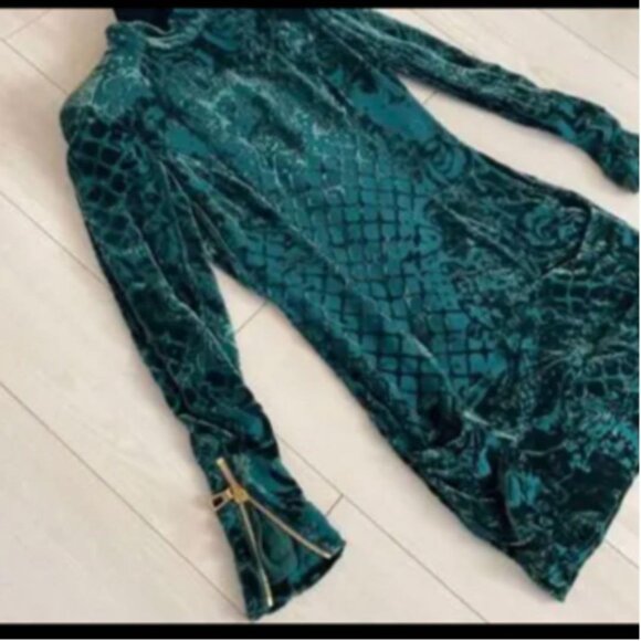 Balmain for H&M Velvet Green Floral Long Sleeve Gold Zip Dress Size 4 - Picture 4 of 5